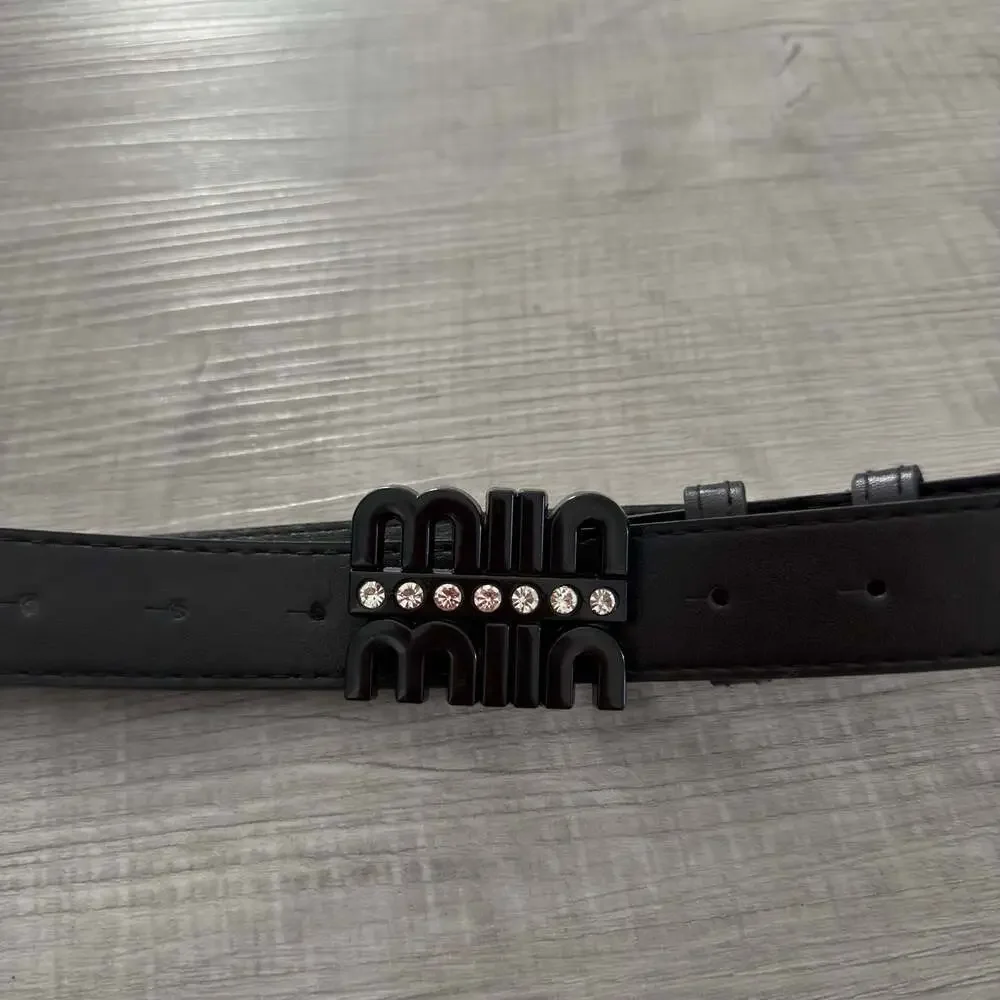 Miin Miin Black Leather Belt with Rhinestone Embellished Buckle